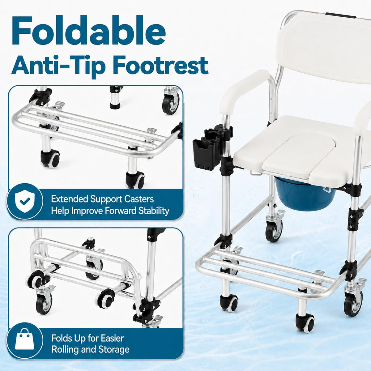 EROMMY Rolling Shower Wheelchair for Elderly, 4-in-1 Bedside Commode Chair, White