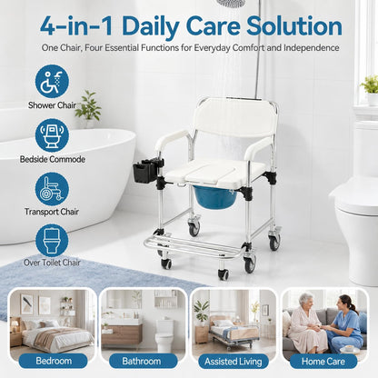 EROMMY Rolling Shower Wheelchair for Elderly, 4-in-1 Bedside Commode Chair, White
