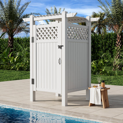 EROMMY 88.5"H x 57.5"W x 47.75"L White PVC Outdoor Shower Enclosure with Door, Weatherproof Privacy Stall for Pool & Beach, Durable Vinyl Construction（Grid-panel with roof）