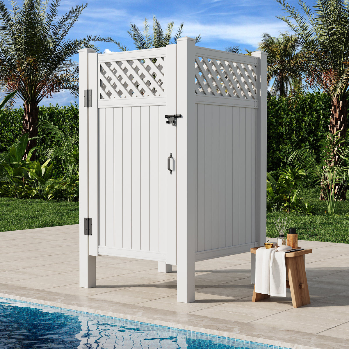EROMMY 80.75"H x 45.75"W x 45.75"L White PVC Outdoor Shower Enclosure with Door, Weatherproof Privacy Stall for Pool & Beach, Durable Vinyl Construction(Grid-panel)