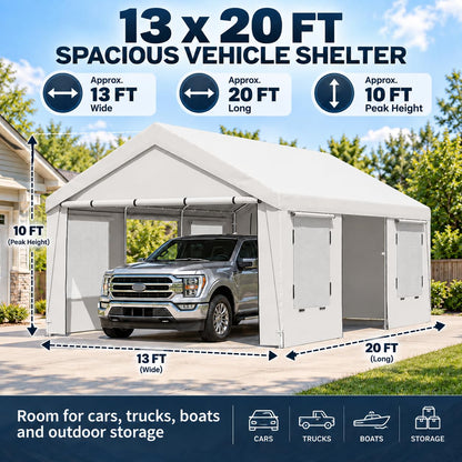 EROMMY 13x20 FT Heavy Duty Carport, Portable Garage with Sidewalls, White
