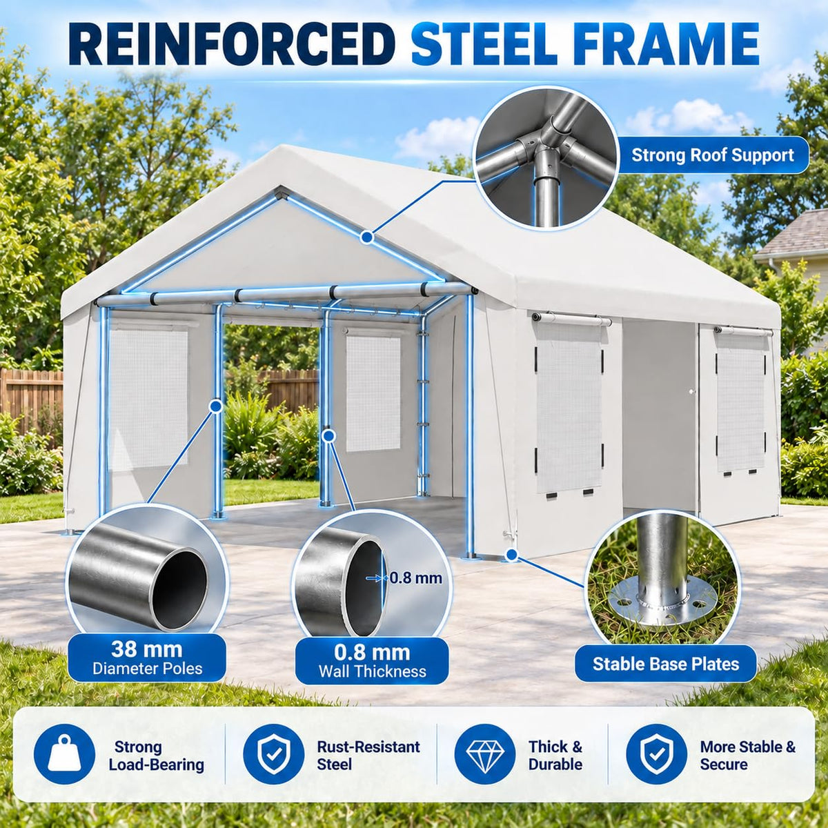 EROMMY 13x20 FT Heavy Duty Carport, Portable Garage with Sidewalls, White