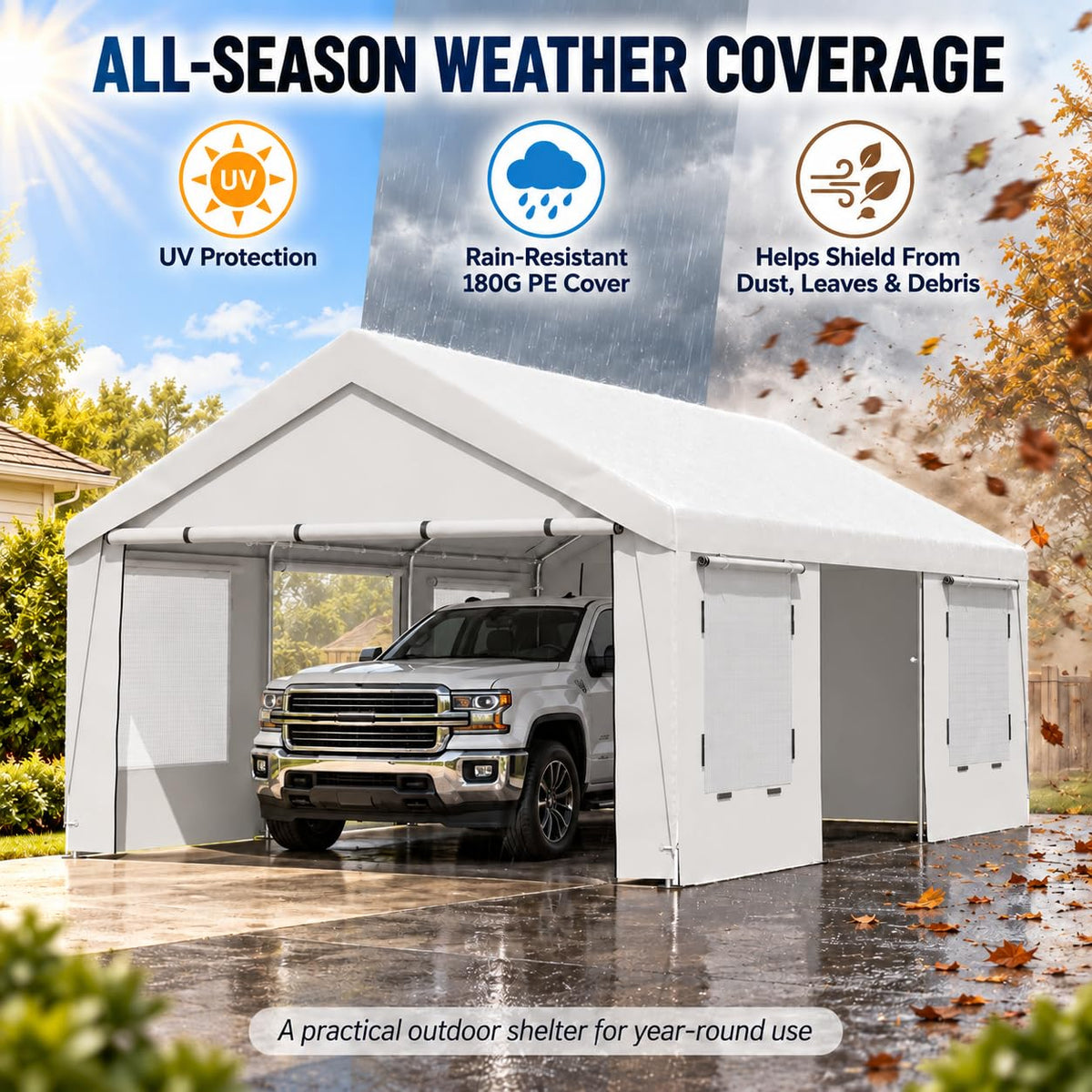 EROMMY 13x20 FT Heavy Duty Carport, Portable Garage with Sidewalls, White