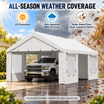 EROMMY 13x20 FT Heavy Duty Carport, Portable Garage with Sidewalls, White
