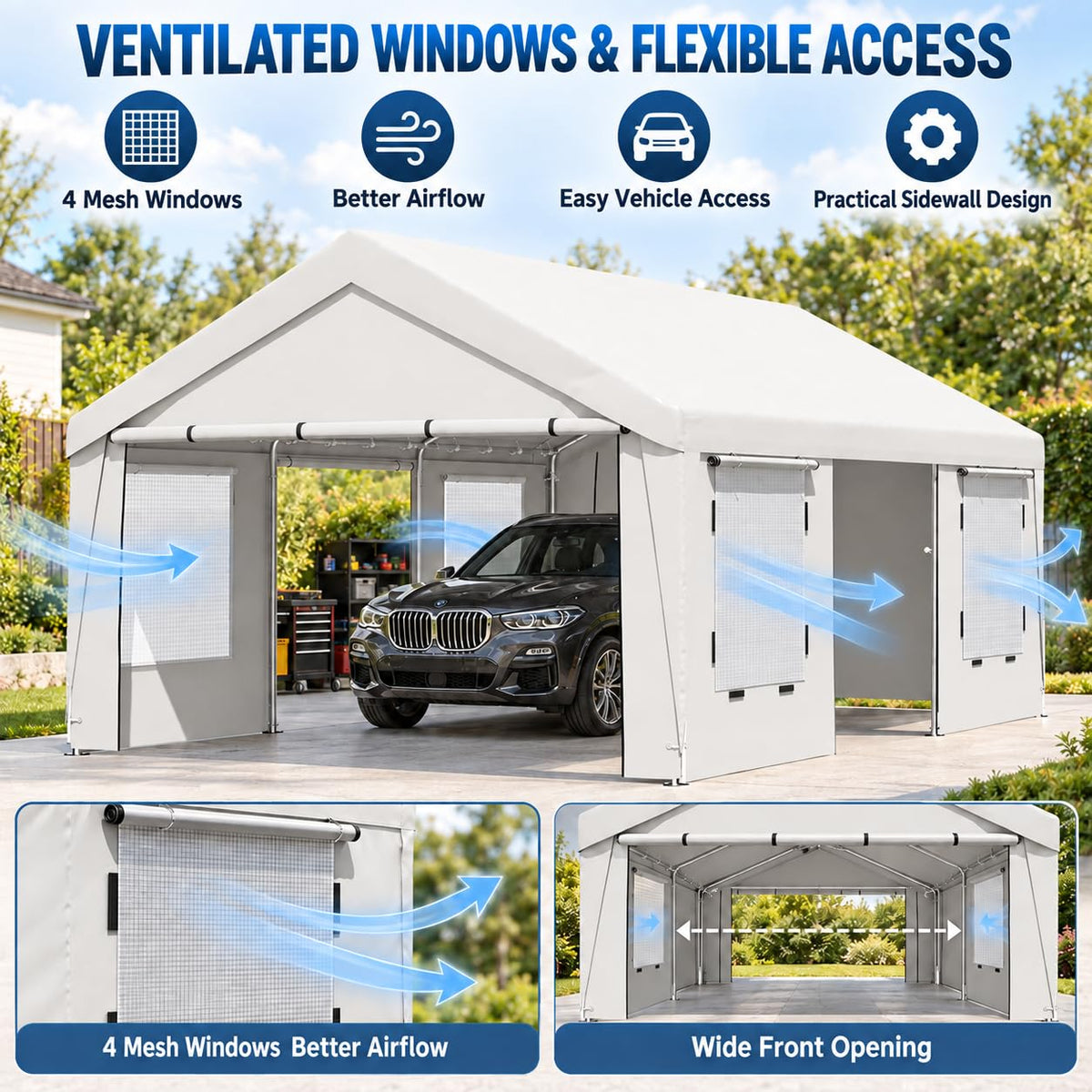 EROMMY 13x20 FT Heavy Duty Carport, Portable Garage with Sidewalls, White