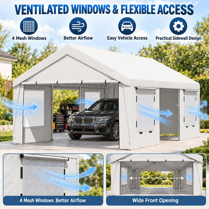 EROMMY 13x20 FT Heavy Duty Carport, Portable Garage with Sidewalls, White