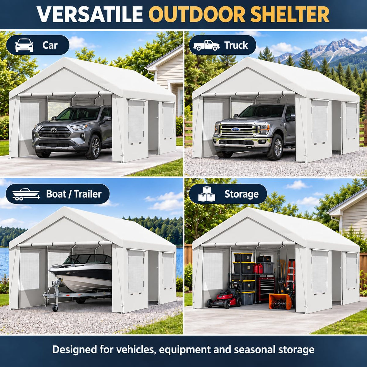 EROMMY 13x20 FT Heavy Duty Carport, Portable Garage with Sidewalls, White