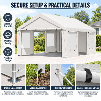 EROMMY 13x20 FT Heavy Duty Carport, Portable Garage with Sidewalls, White