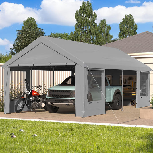 EROMMY Carport, 12 x 24 FT Heavy Duty Carport with Roll-Up Windows, Portable Garage with Removable Sidewalls, Car Canopy with Sandbags and All-Season Tarp for Tractor, Truck, Gray