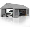 EROMMY Carport, 12 x 24 FT Heavy Duty Carport with Roll-Up Windows, Portable Garage with Removable Sidewalls, Car Canopy with Sandbags and All-Season Tarp for Tractor, Truck, Gray