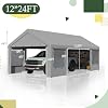 EROMMY Carport, 12 x 24 FT Heavy Duty Carport with Roll-Up Windows, Portable Garage with Removable Sidewalls, Car Canopy with Sandbags and All-Season Tarp for Tractor, Truck, Gray