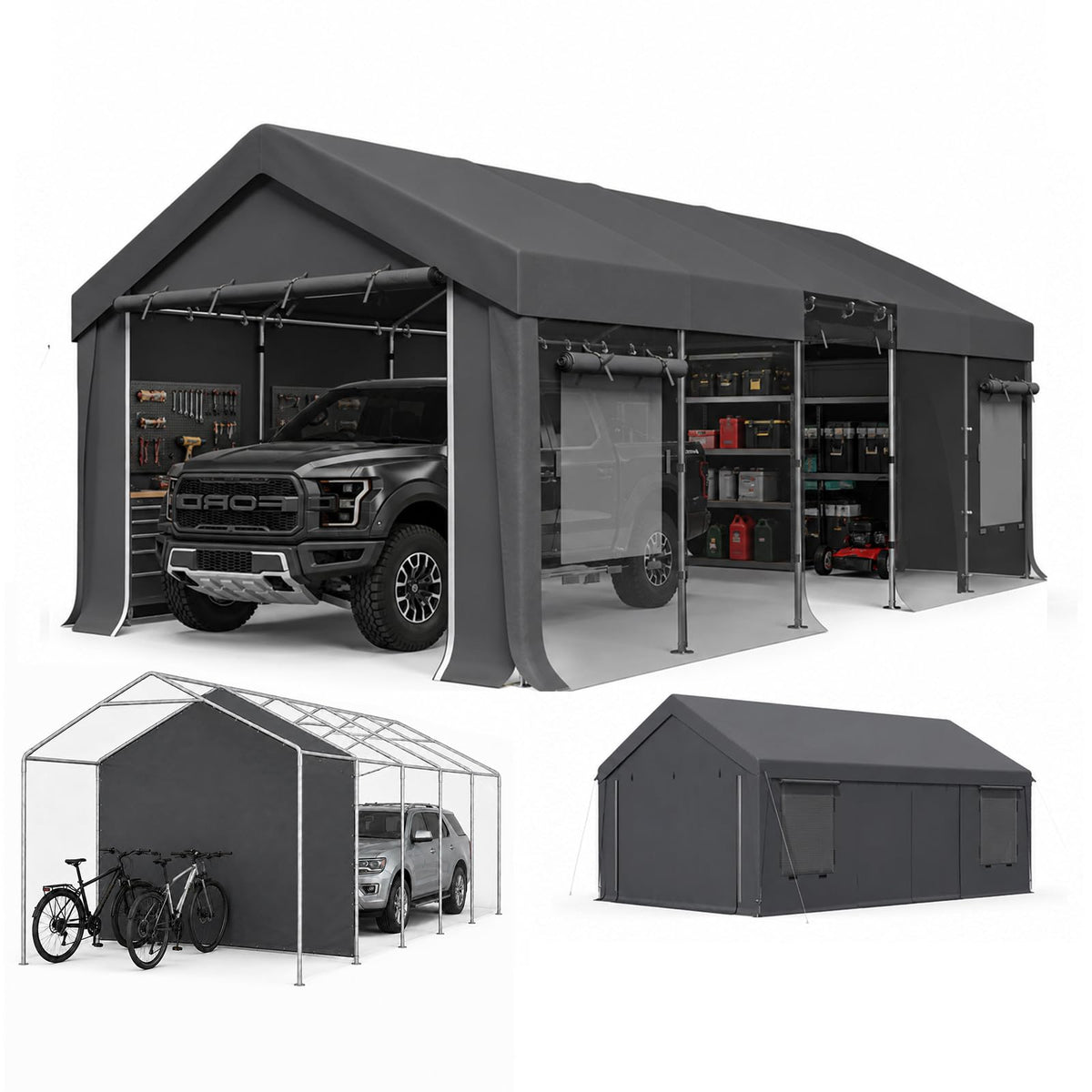 EROMMY 13x24 FT Heavy Duty Carport, Portable Garage with Sidewalls, Gray