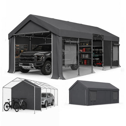 EROMMY 13x24 FT Heavy Duty Carport, Portable Garage with Sidewalls, Gray