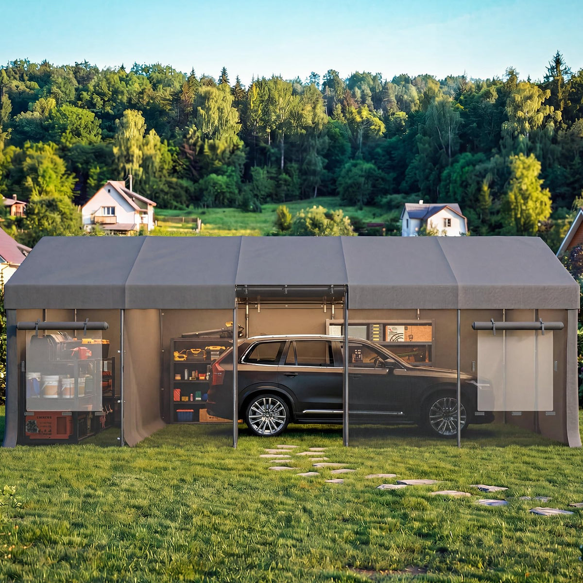 EROMMY 13x24 FT Heavy Duty Carport, Portable Garage with Sidewalls, Gray