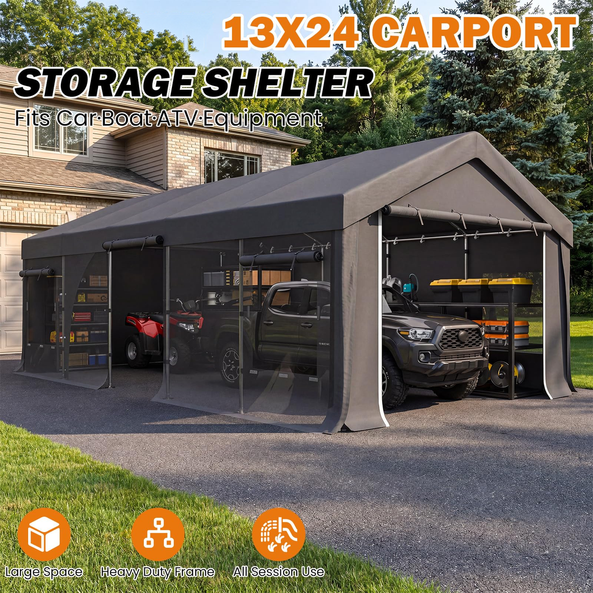 EROMMY 13x24 FT Heavy Duty Carport, Portable Garage with Sidewalls, Gray