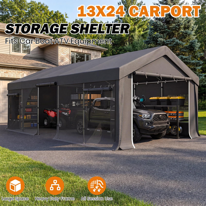 EROMMY 13x24 FT Heavy Duty Carport, Portable Garage with Sidewalls, Gray