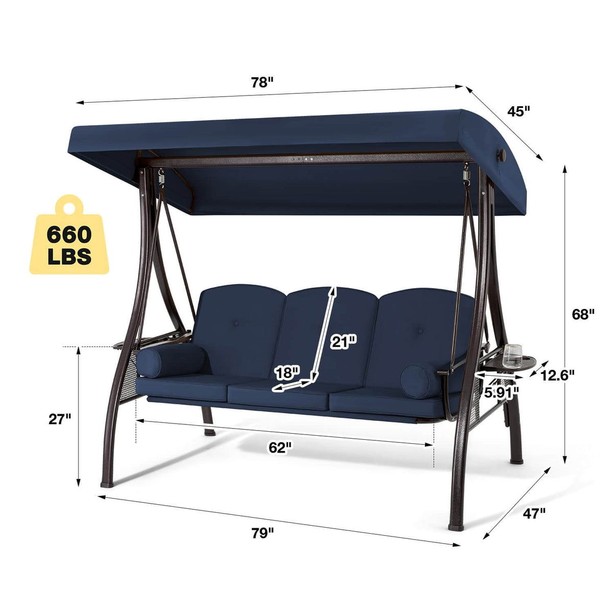 EROMMY 3-Seat Outdoor Porch Swing with Cup Holders, Adjustable Canopy and Backrest for Patio Garden Deck, Blue