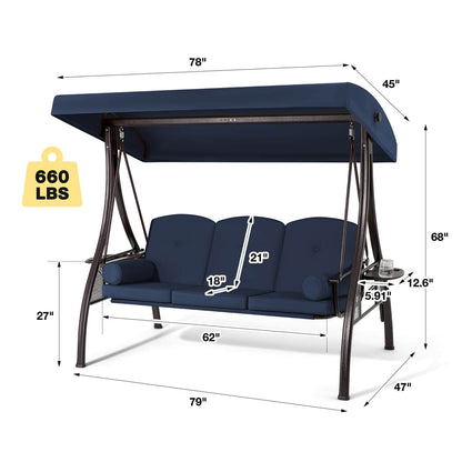 EROMMY 3-Seat Outdoor Porch Swing with Cup Holders, Adjustable Canopy and Backrest for Patio Garden Deck, Blue