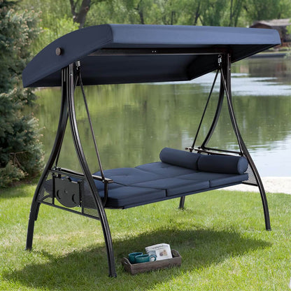 EROMMY 3-Seat Outdoor Porch Swing with Cup Holders, Adjustable Canopy and Backrest for Patio Garden Deck, Blue