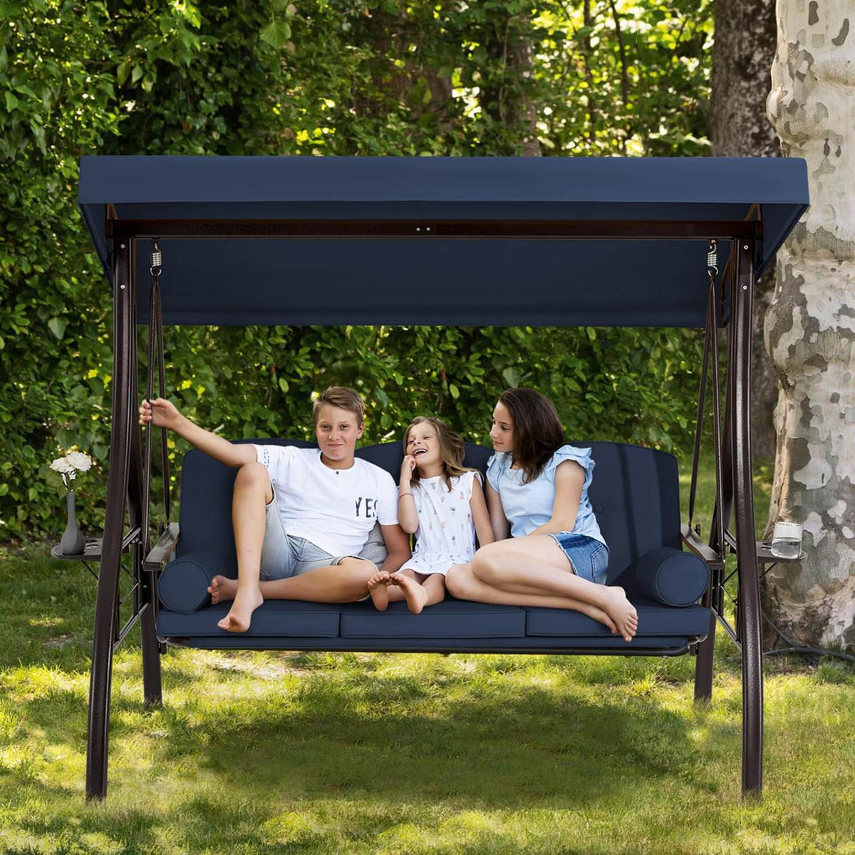 EROMMY 3-Seat Outdoor Porch Swing with Cup Holders, Adjustable Canopy and Backrest for Patio Garden Deck, Blue