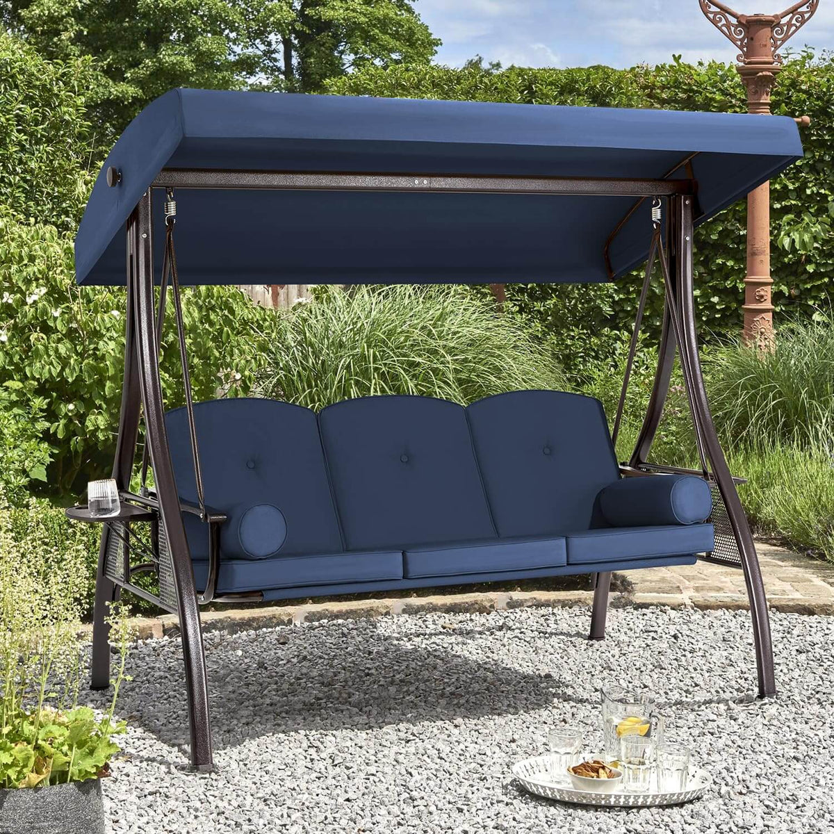 EROMMY 3-Seat Outdoor Porch Swing with Cup Holders, Adjustable Canopy and Backrest for Patio Garden Deck, Blue