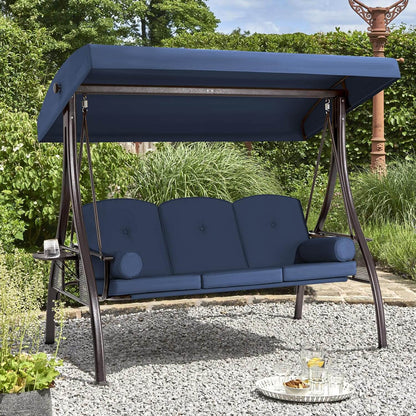 EROMMY 3-Seat Outdoor Porch Swing with Cup Holders, Adjustable Canopy and Backrest for Patio Garden Deck, Blue
