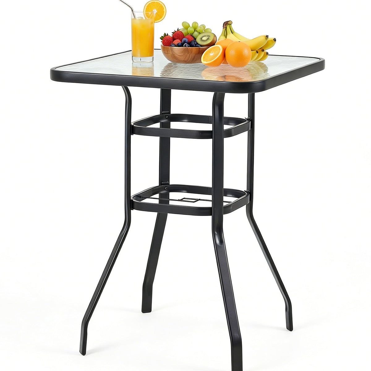 EROMMY 40" Patio Bar Table with Umbrella Hole and Tempered Glass Top, Square Bar Height Stand