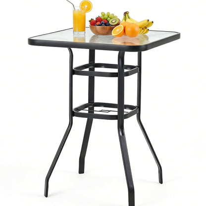 EROMMY 40" Patio Bar Table with Umbrella Hole and Tempered Glass Top, Square Bar Height Stand