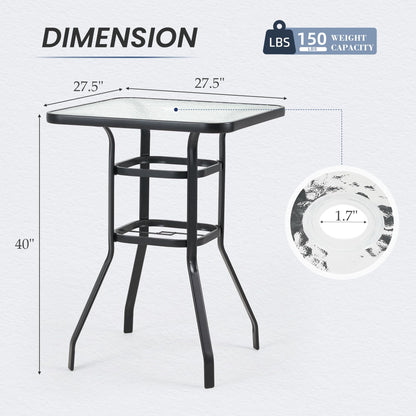 EROMMY 40" Patio Bar Table with Umbrella Hole and Tempered Glass Top, Square Bar Height Stand