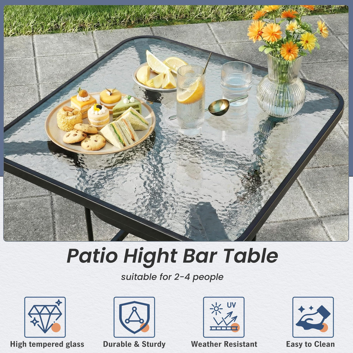 EROMMY 40" Patio Bar Table with Umbrella Hole and Tempered Glass Top, Square Bar Height Stand