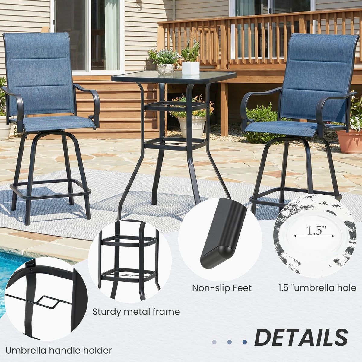 EROMMY 40" Patio Bar Table with Umbrella Hole and Tempered Glass Top, Square Bar Height Stand