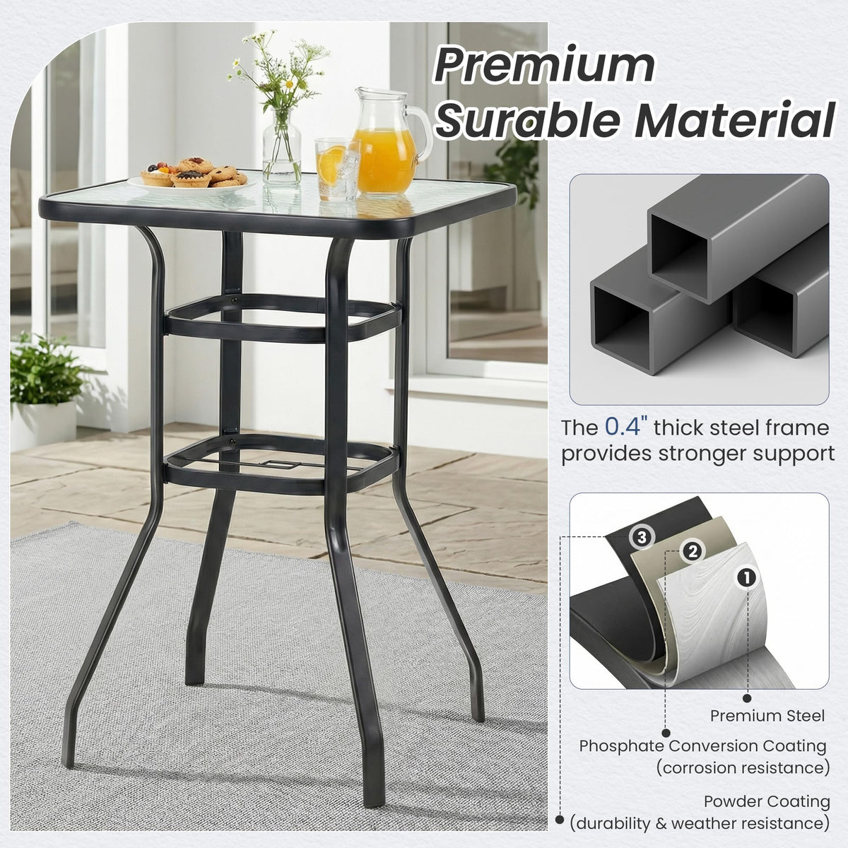 EROMMY 40" Patio Bar Table with Umbrella Hole and Tempered Glass Top, Square Bar Height Stand