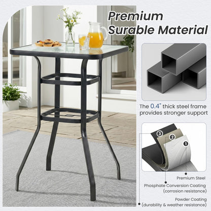 EROMMY 40" Patio Bar Table with Umbrella Hole and Tempered Glass Top, Square Bar Height Stand