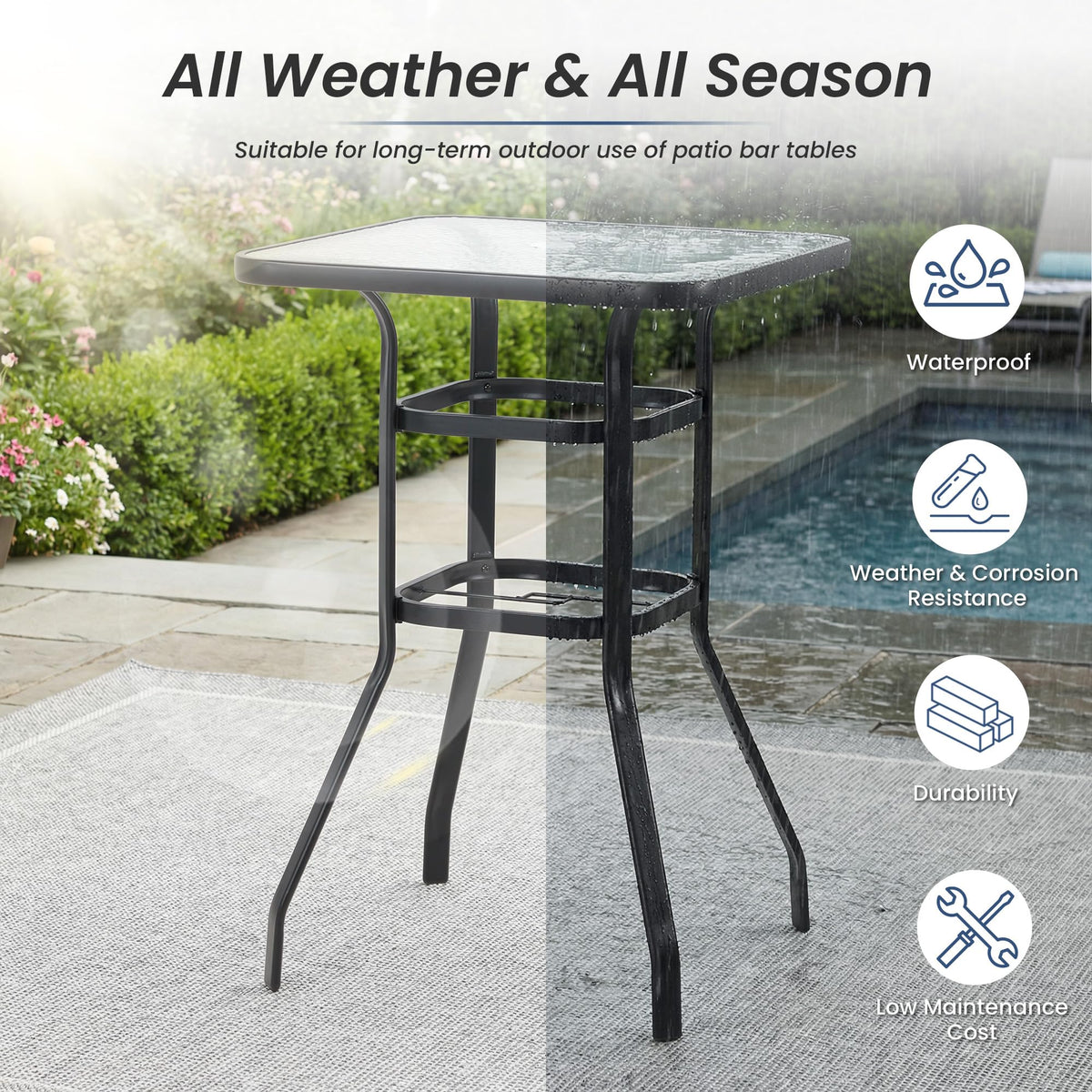 EROMMY 40" Patio Bar Table with Umbrella Hole and Tempered Glass Top, Square Bar Height Stand