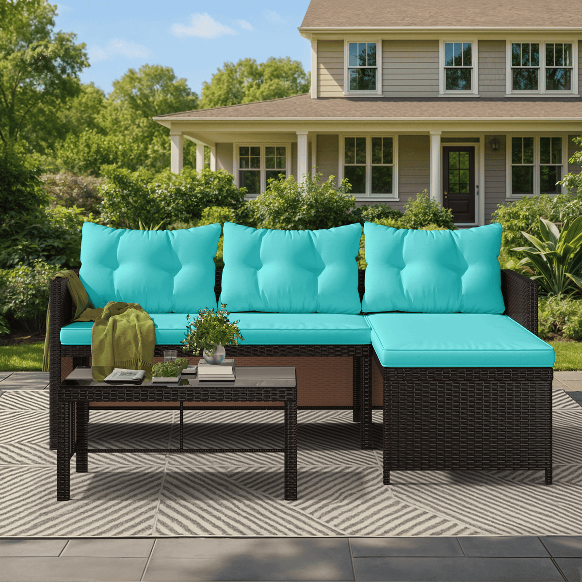 EROMMY 3 Piece Outdoor Patio Furniture Set, All-Weather PE Rattan Sofa Set with Glass Table & Cushions, Blue