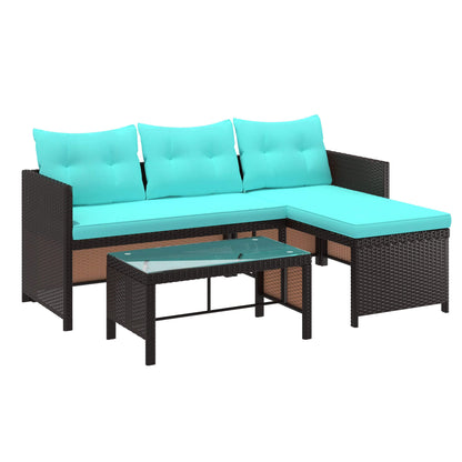 EROMMY 3 Piece Outdoor Patio Furniture Set, All-Weather PE Rattan Sofa Set with Glass Table & Cushions, Blue