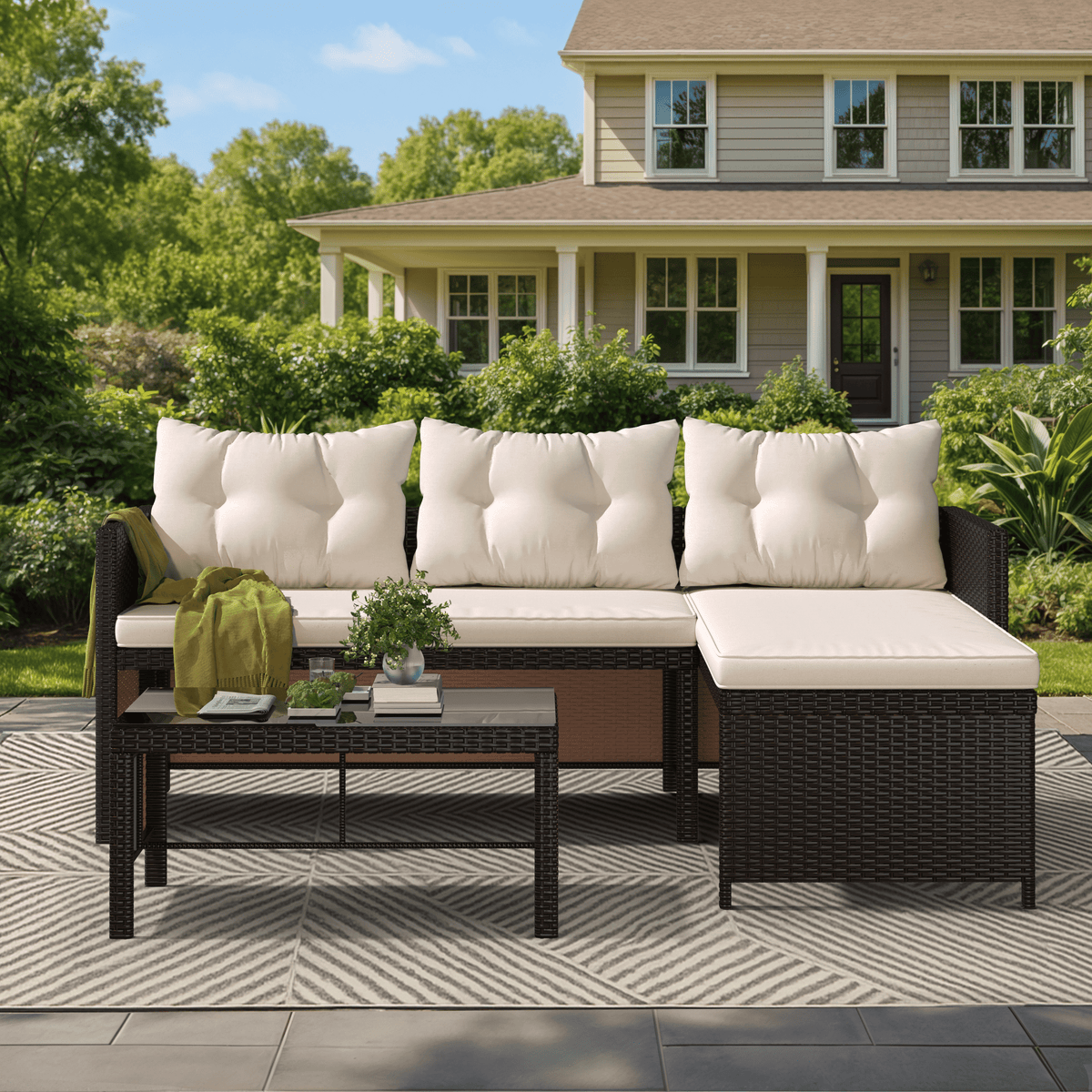 EROMMY 3 Piece Outdoor Patio Furniture Set, All-Weather PE Rattan Sofa Set with Glass Table & Cushions, Khaki