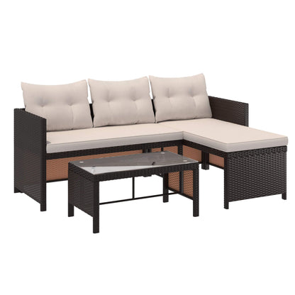 EROMMY 3 Piece Outdoor Patio Furniture Set, All-Weather PE Rattan Sofa Set with Glass Table & Cushions, Khaki