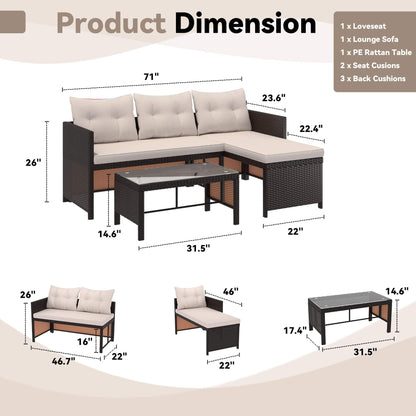 EROMMY 3 Piece Outdoor Patio Furniture Set, All-Weather PE Rattan Sofa Set with Glass Table & Cushions, Khaki