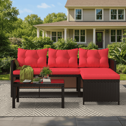 EROMMY 3 Piece Outdoor Patio Furniture Set, All-Weather PE Rattan Sofa Set with Glass Table & Cushions, Red