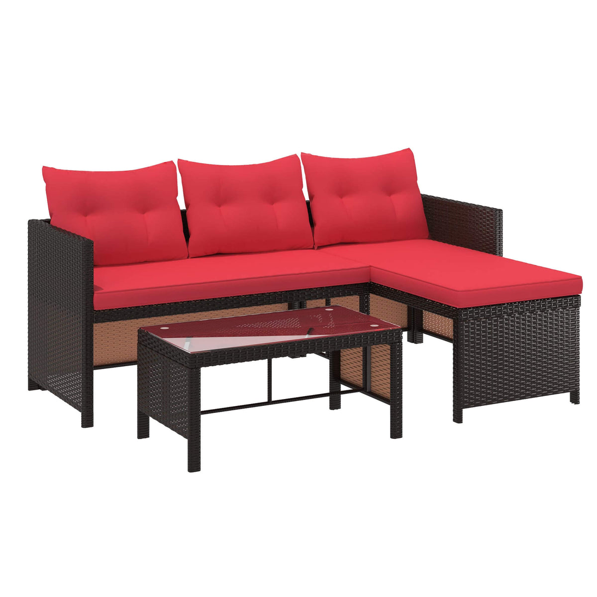 EROMMY 3 Piece Outdoor Patio Furniture Set, All-Weather PE Rattan Sofa Set with Glass Table & Cushions, Red