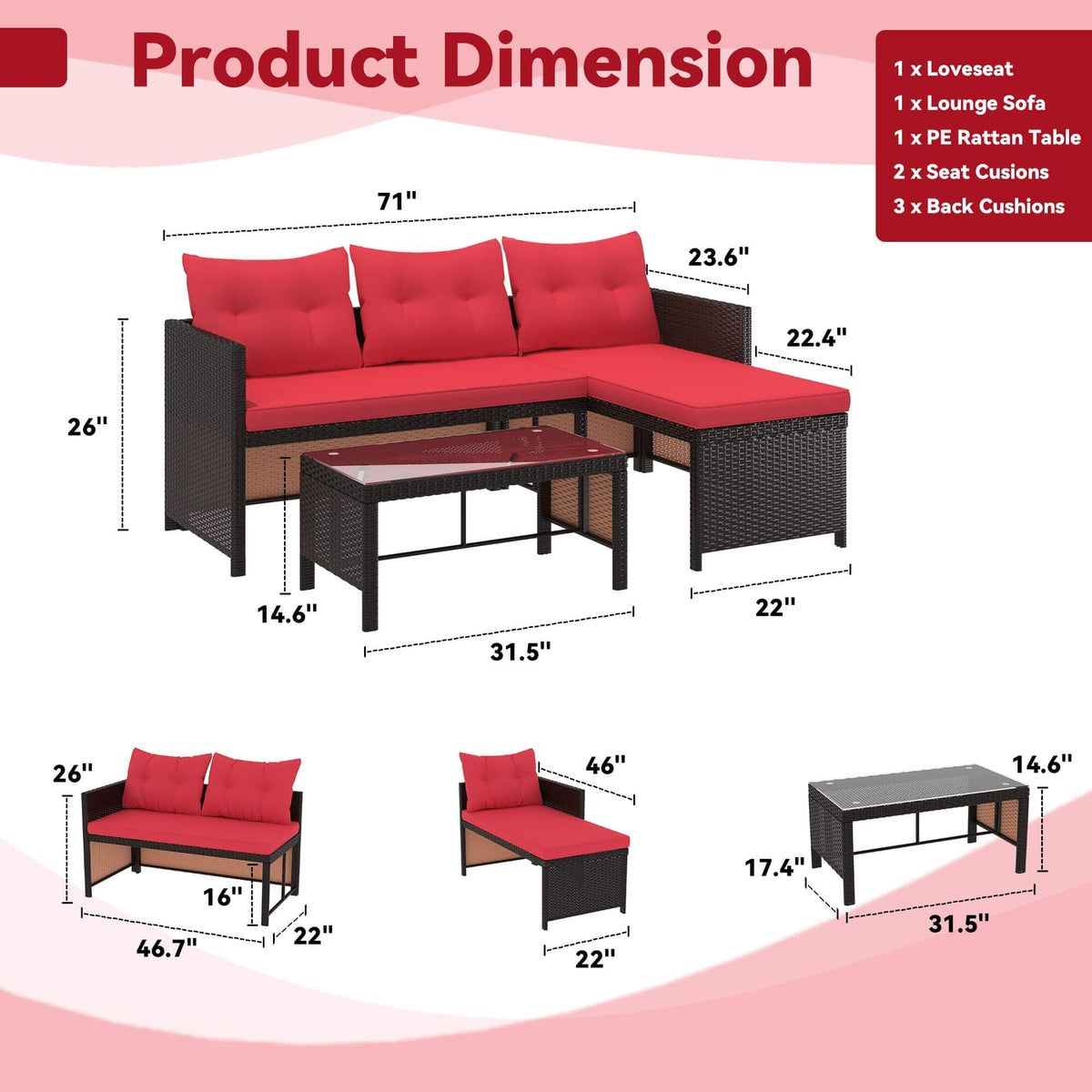EROMMY 3 Piece Outdoor Patio Furniture Set, All-Weather PE Rattan Sofa Set with Glass Table & Cushions, Red