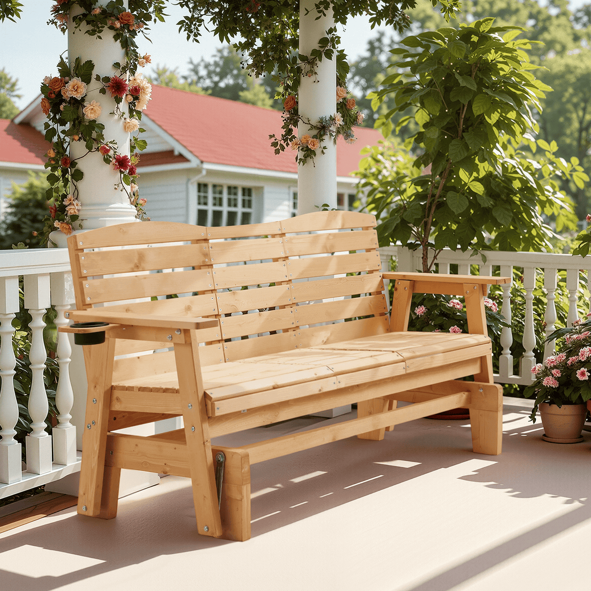 EROMMY Outdoor Glider Chair with Cup Holders, Garden and Park Chair, All-Weather Porch Glider Bench