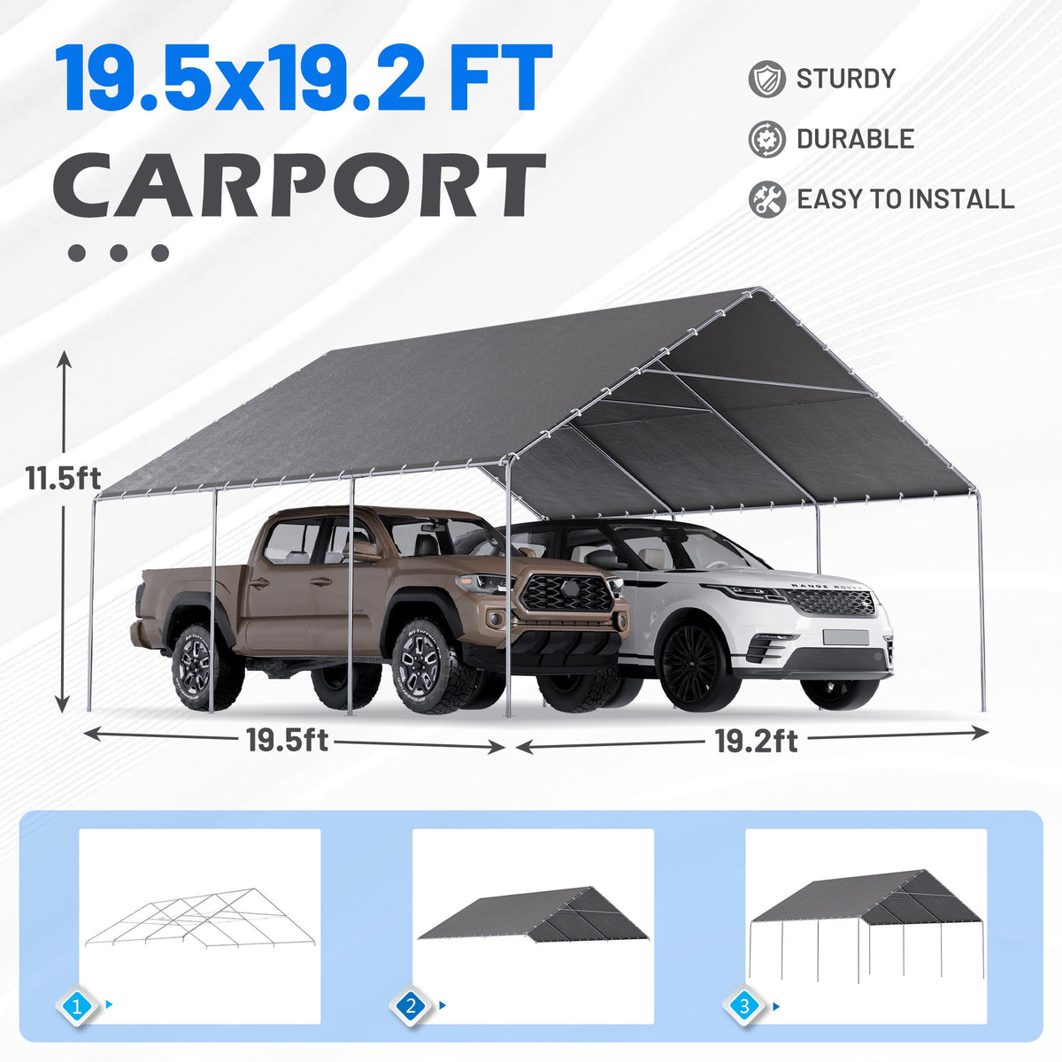 EROMMY 20x20 FT Metal Carport with Reinforced Base and Waterproof Roof, Heavy Duty Garage Shelter for SUVs, Trucks and Boats, Grey