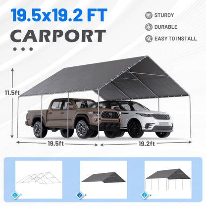 EROMMY 20x20 FT Metal Carport with Reinforced Base and Waterproof Roof, Heavy Duty Garage Shelter for SUVs, Trucks and Boats, Grey