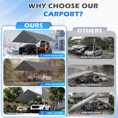 EROMMY 20x20 FT Metal Carport with Reinforced Base and Waterproof Roof, Heavy Duty Garage Shelter for SUVs, Trucks and Boats, Grey