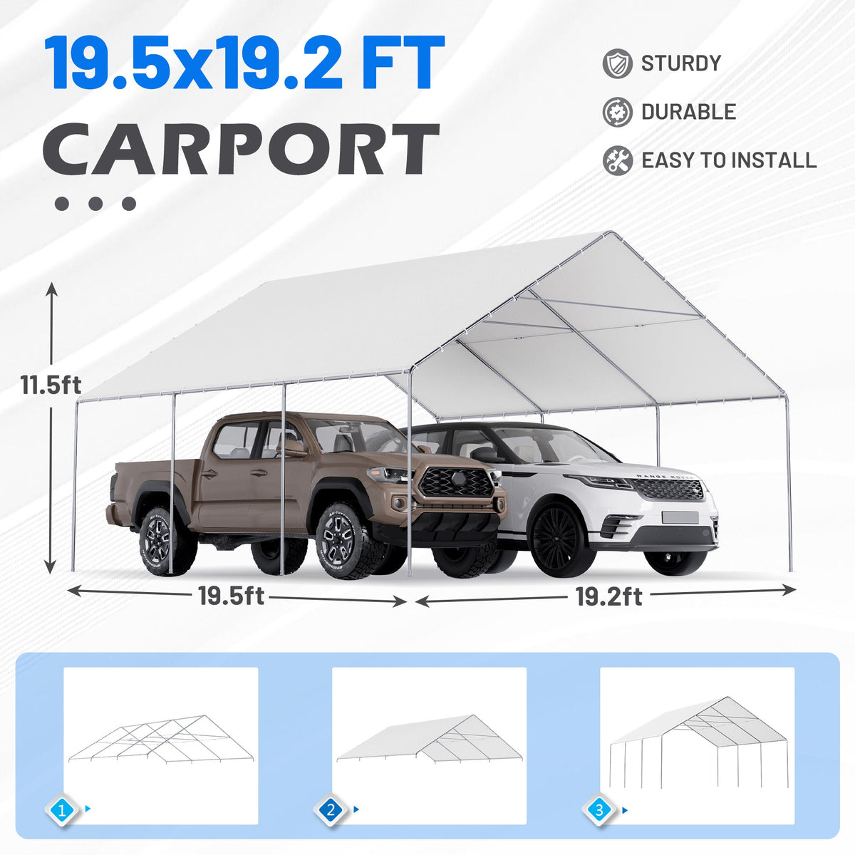 EROMMY 20x20 FT Metal Carport with Reinforced Base and Waterproof Roof, Heavy Duty Garage Shelter for SUVs, Trucks and Boats, White