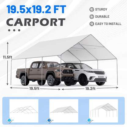EROMMY 20x20 FT Metal Carport with Reinforced Base and Waterproof Roof, Heavy Duty Garage Shelter for SUVs, Trucks and Boats, White
