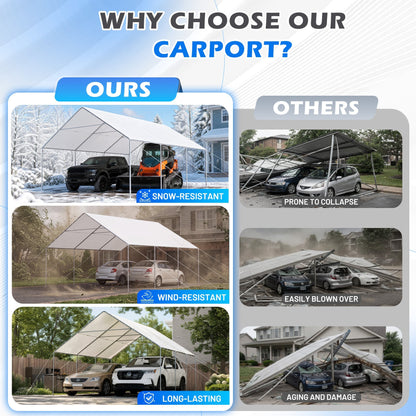 EROMMY 20x20 FT Metal Carport with Reinforced Base and Waterproof Roof, Heavy Duty Garage Shelter for SUVs, Trucks and Boats, White