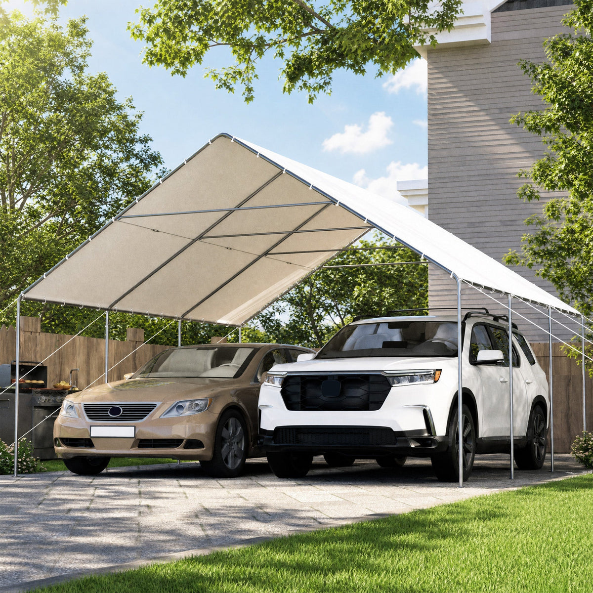 EROMMY 20x20 FT Metal Carport with Reinforced Base and Waterproof Roof, Heavy Duty Garage Shelter for SUVs, Trucks and Boats, White